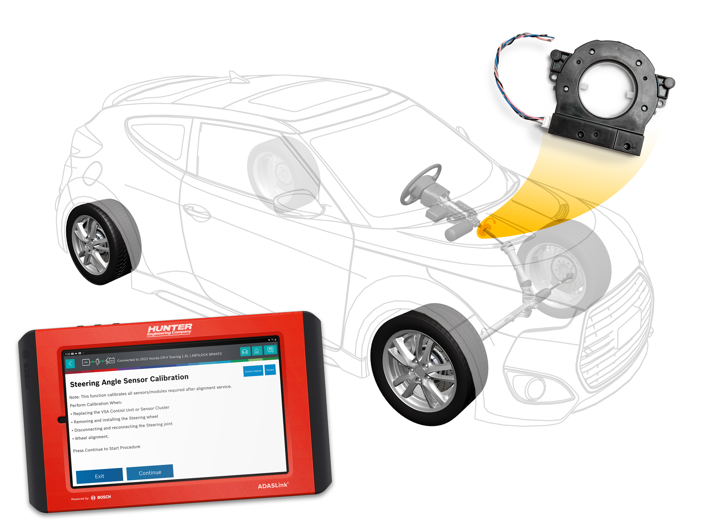 vehicle steering system component view showing steering angle sensor