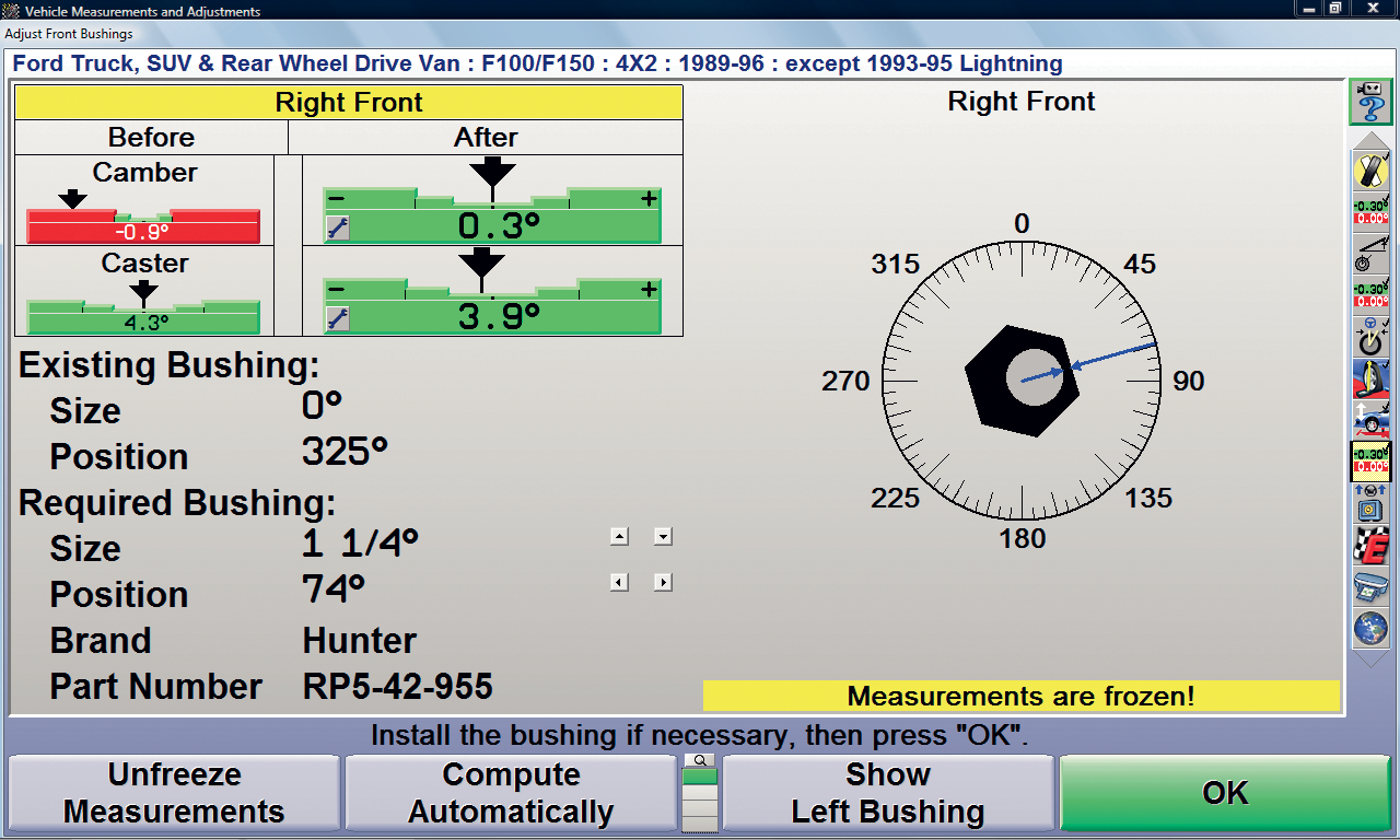 WinAlign Automatic Bushing Calculator Screen