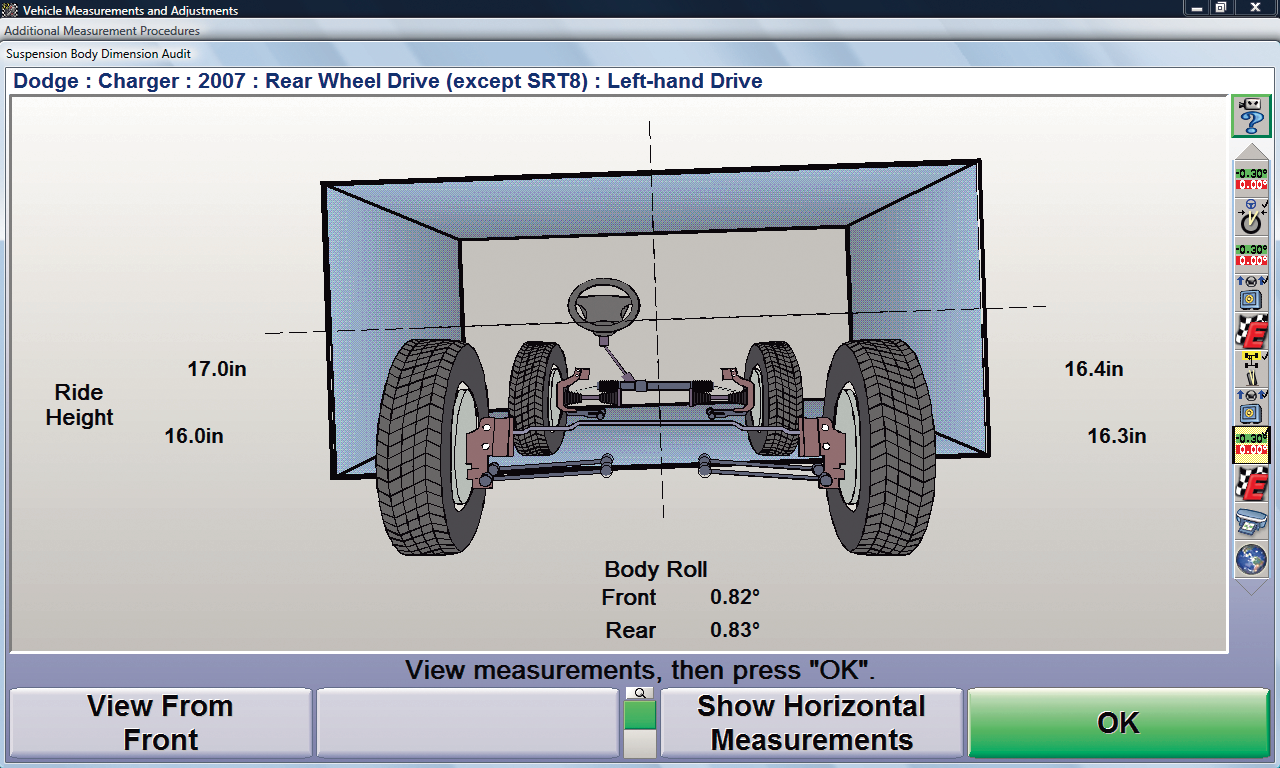 Pantalla de Suspension Body Dimension Audit (Auditoría de las dimensiones de la carrocería con suspensión) de WinAlign