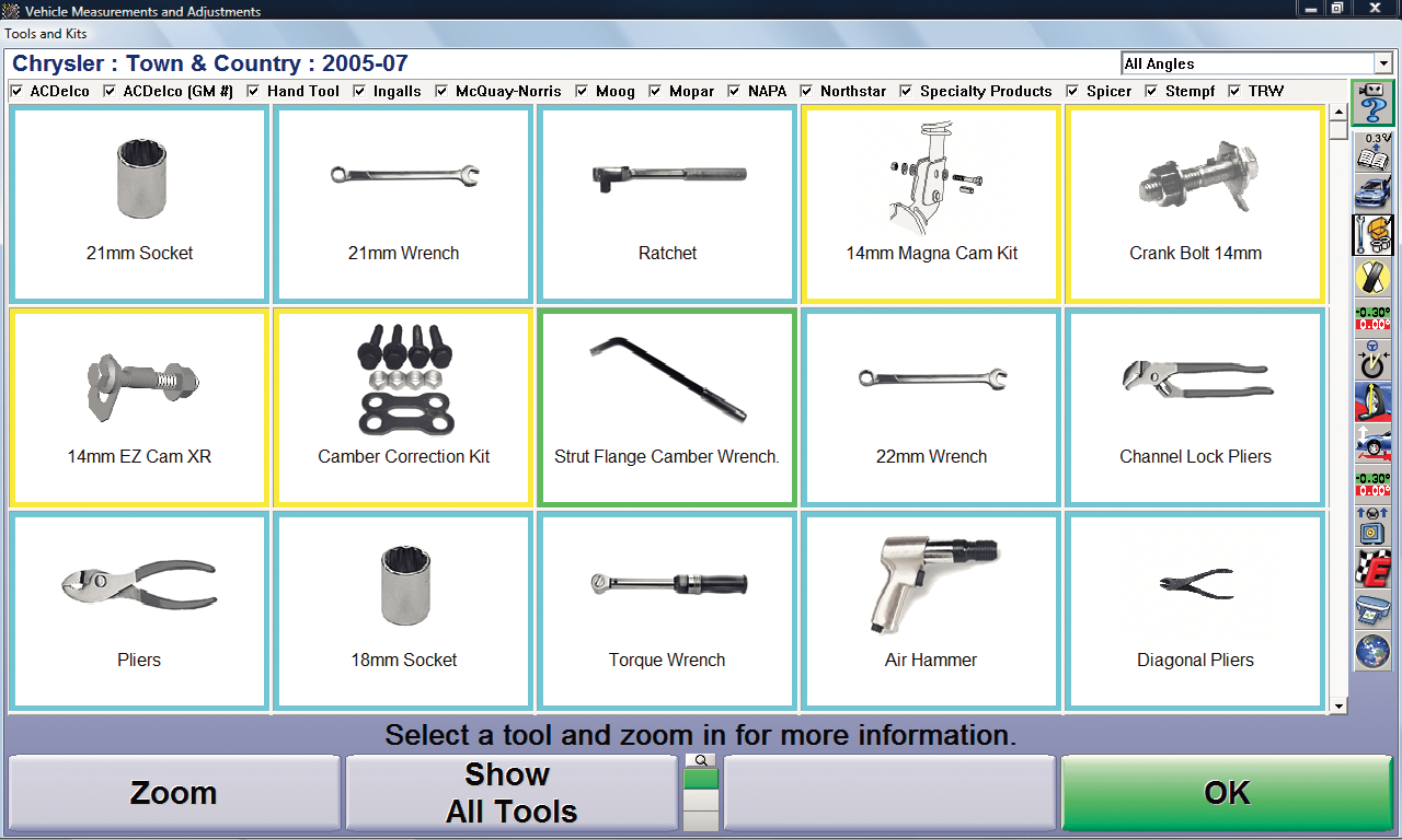 Pantalla de Tools & Kits Database (Base de datos de herramientas y kits) de WinAlign