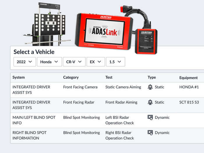 Vehicle selection dropdown and calibration system service guide featuring DAS3000 and ADASLink tools.