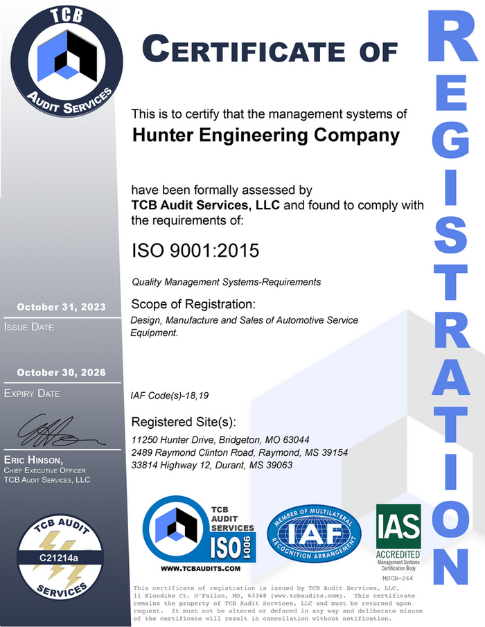 Hunter Engineering ISO 9001-2015 Certificate
