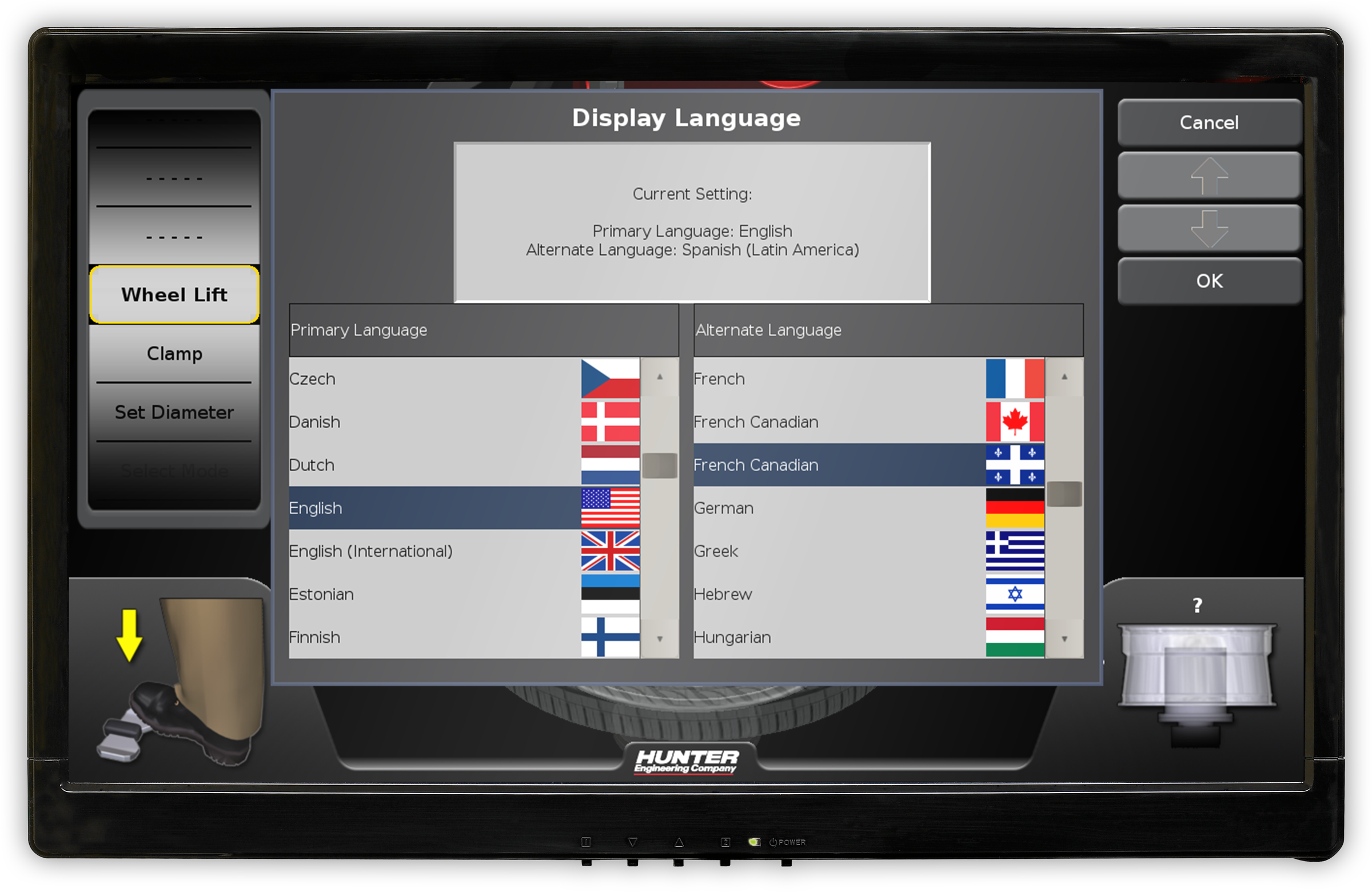Bildschirm zur Sprachauswahl der Revolution Reifenmontiermaschine von Hunter